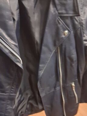 Roaman's Navy Blue Leather  Moto-Style Bomber Jacket with Silver Hardware